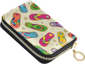 Colorful Flip Flops With Flowers Slippery Seamless Credit Card Coin wallet, RFID Blocking Compact Women Leather Card Holder, Key Change Organizer, Zipper Purse Clutch Pouch Pocket