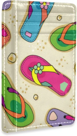 Colorful Flip Flops With Flowers Slippery Seamless Slim Minimalist Wallet, Front Pocket RFID Blocking Leather Credit Card Holder, Case Protector Covers for Men Women
