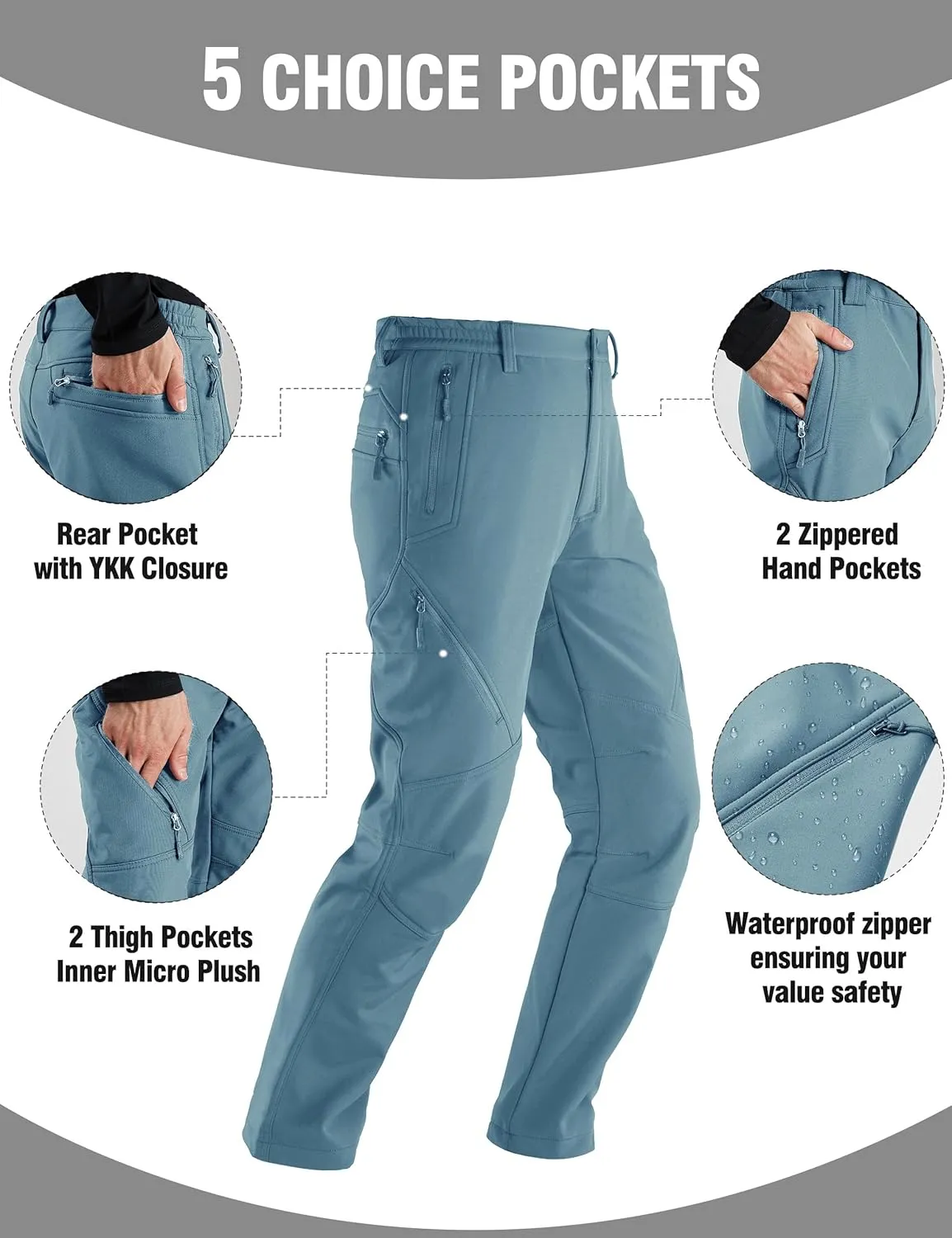 FREE SOLDIER Men's Fleece Lined Outdoor Cargo Hiking Pants Water Repellent Softshell Snow Ski Pants with Zipper Pockets