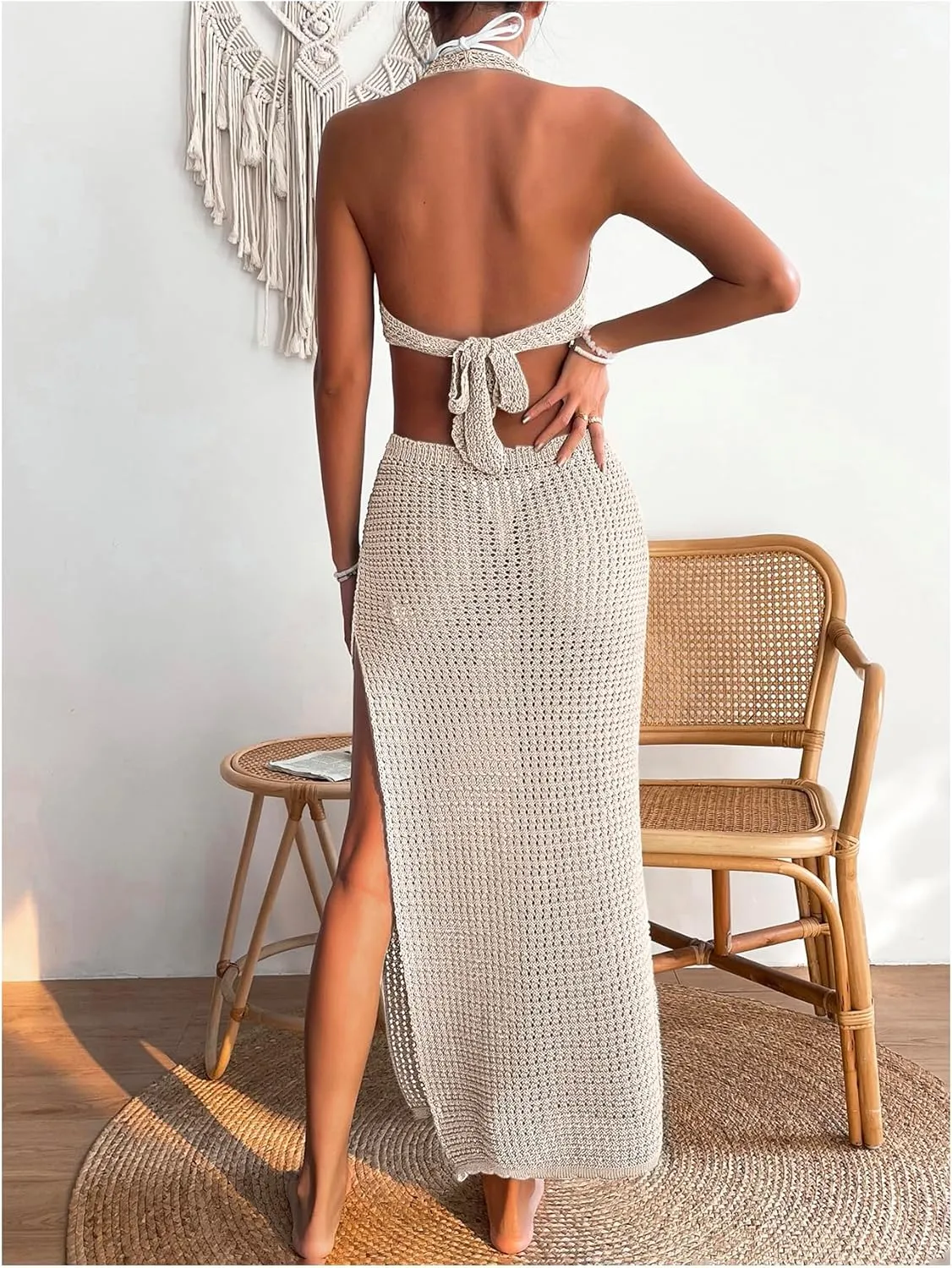 GORGLITTER Women's Crochet Dress Halter Backless Split Thigh Knit Swimsuit Coverup Dress