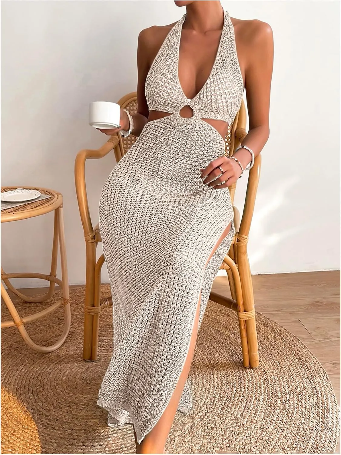 GORGLITTER Women's Crochet Dress Halter Backless Split Thigh Knit Swimsuit Coverup Dress