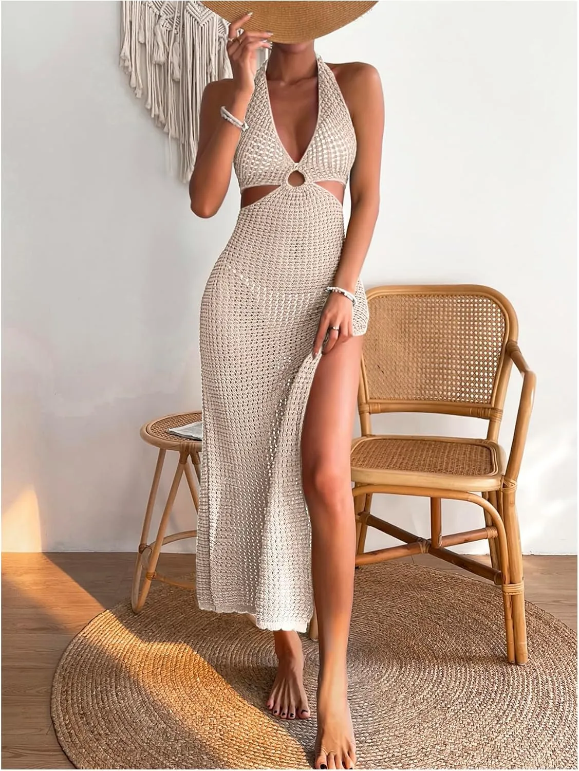 GORGLITTER Women's Crochet Dress Halter Backless Split Thigh Knit Swimsuit Coverup Dress