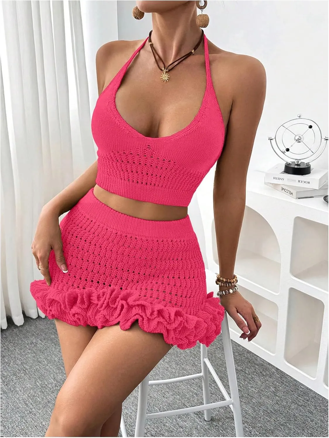 MakeMeChic Women's Crochet Cover Up Halter Crop Tops and Ruffle Skirt Swimwear Bathing Suit