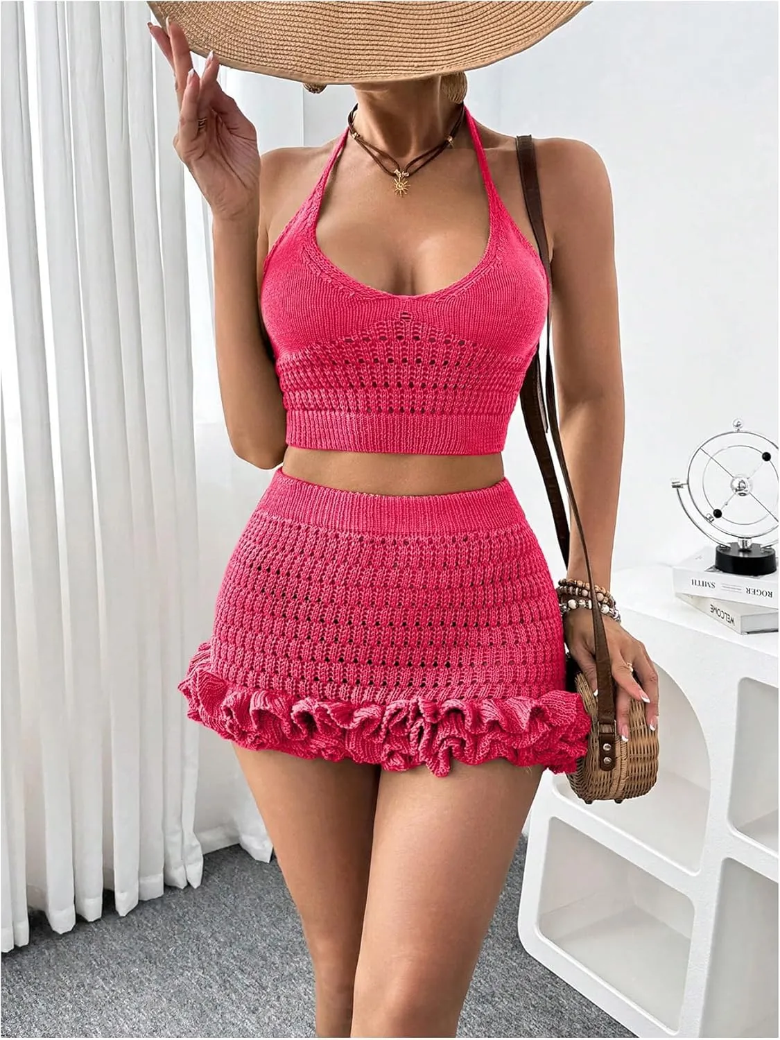 MakeMeChic Women's Crochet Cover Up Halter Crop Tops and Ruffle Skirt Swimwear Bathing Suit