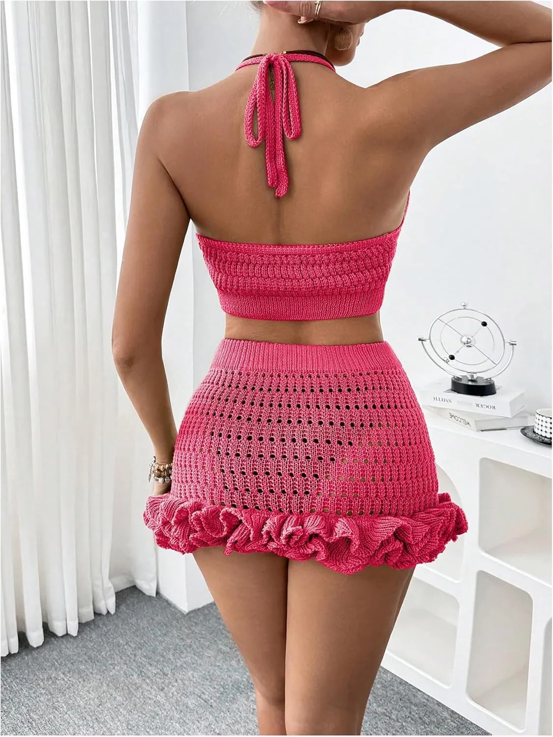 MakeMeChic Women's Crochet Cover Up Halter Crop Tops and Ruffle Skirt Swimwear Bathing Suit
