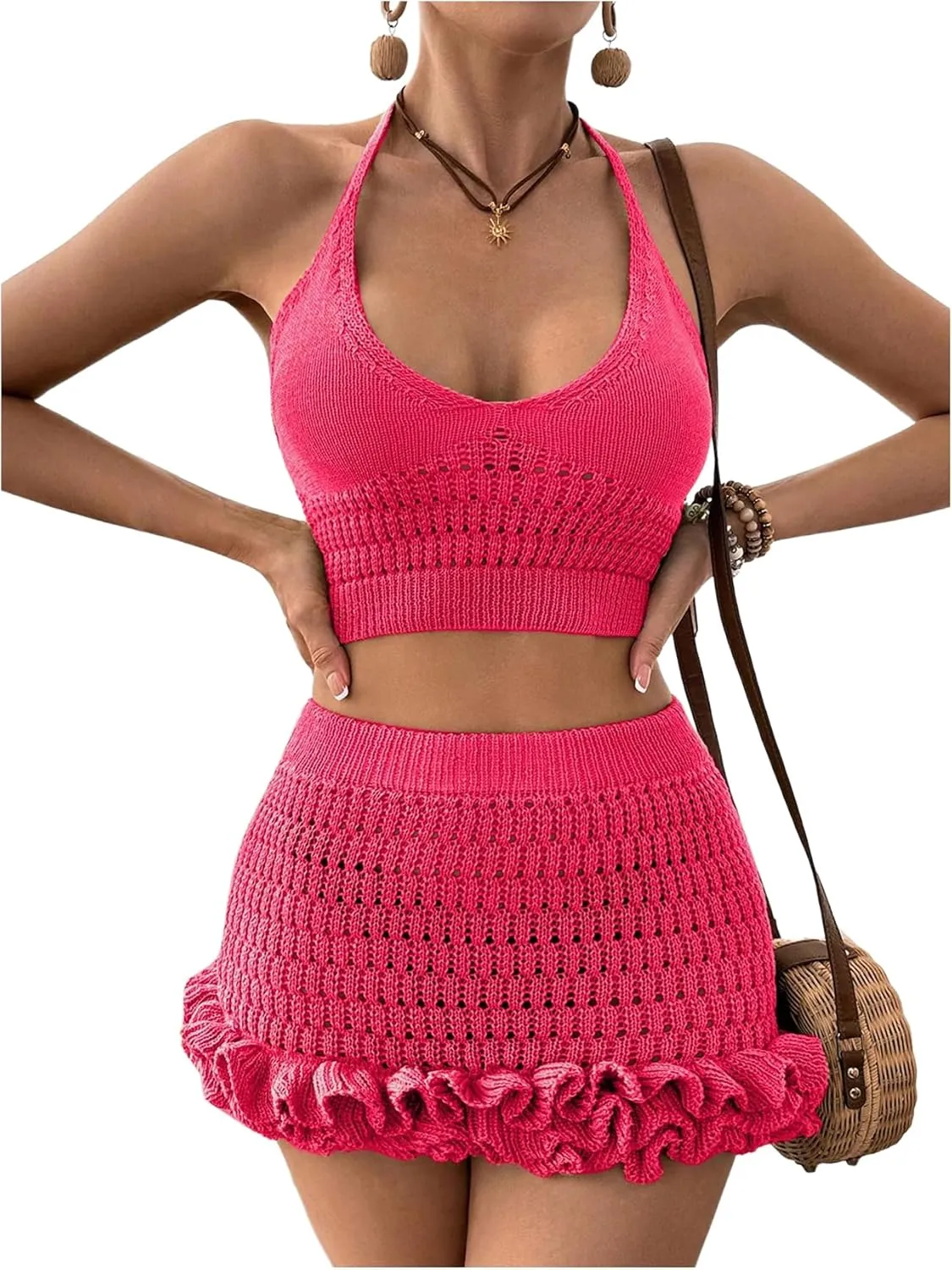 MakeMeChic Women's Crochet Cover Up Halter Crop Tops and Ruffle Skirt Swimwear Bathing Suit