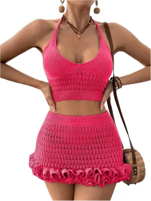 MakeMeChic Women's Crochet Cover Up Halter Crop Tops and Ruffle Skirt Swimwear Bathing Suit