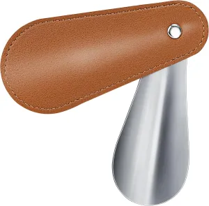 Metal Shoe Horn 4.5 Inch, Short Mini Travel Leather Shoe Spoon for Women Man Kids(Brown)
