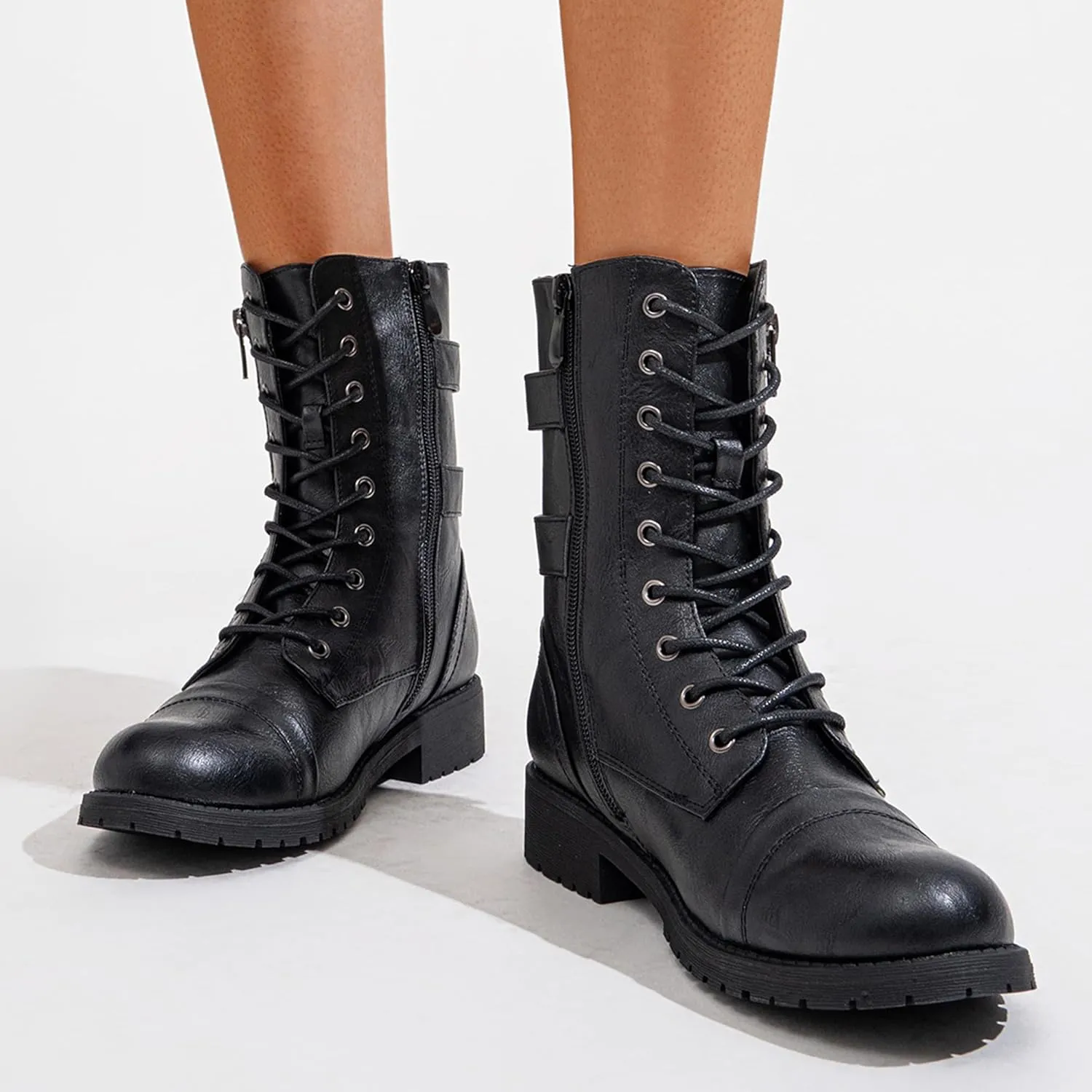 Vepose Women's 928 Combat Boots Low Heel, Mid Calf Military Boots with Card Knife Wallet Pocket